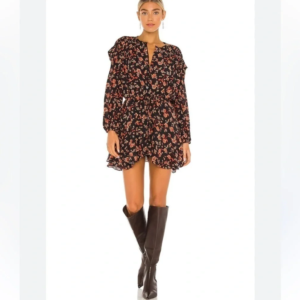 NEW Free People Flower Fields Long Sleeve orange/Black Boho Flowy Mini Dress